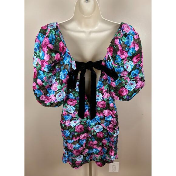 For Love & Lemons Marley Floral Puff Sleeve Ruched Bow Tie Mini Dress Size XS - Picture 5 of 7